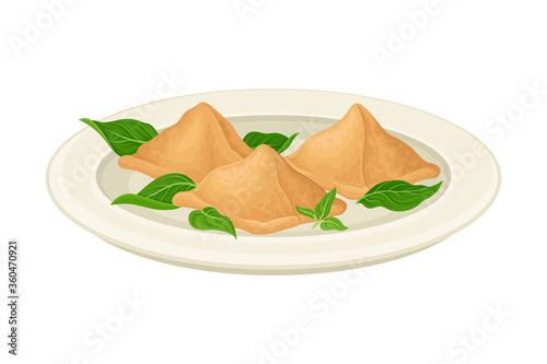 Dumplings Served on Plate with Greenery Side View Vector Illustration