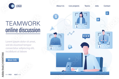 Teamwork online discussion landing page template. Handsome businessman at workplace. Male employee talking with various colleagues in network