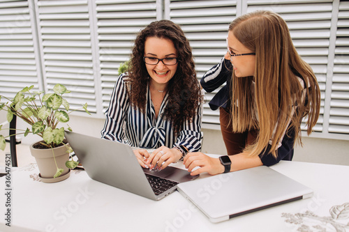 Corporate Communication.Two Businesswoman Working On Laptop In Modern Office. Free Space