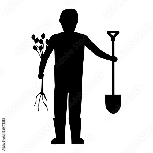 Flat vector silhouette of a character gardener with a plant and a shovel. Profession gardener. Isolate on a white