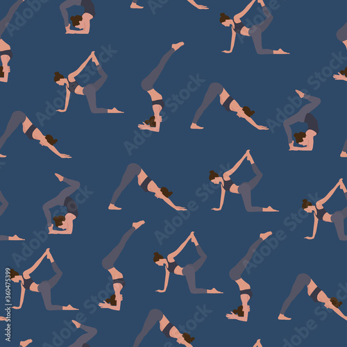 Pattern with a girl in different yoga poses, fitness classes, exercise. Print with man in various meditation poses. Vector illustration in flat style