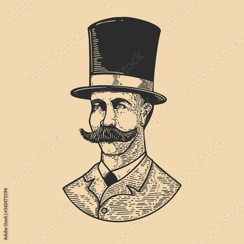 Tableau sur toile Illustration of gentleman in vintage hat in engraving style