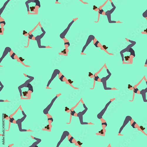 Pattern with a girl in different yoga poses, fitness classes, exercise. Print with man in various meditation poses. Vector illustration in flat style