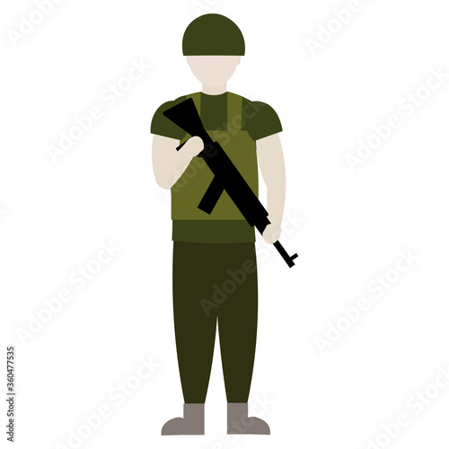 Flat vector character of a soldier with a machine gun. Military profession. Isolate on a white