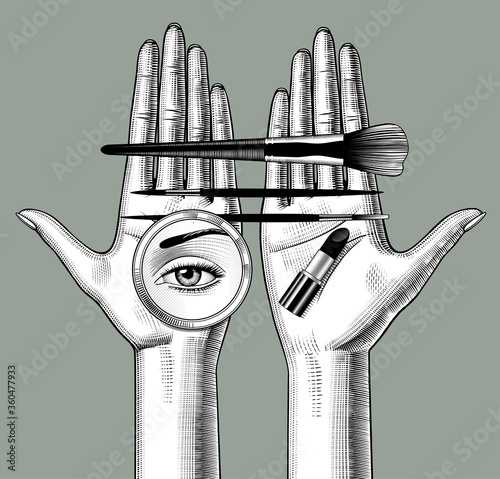 Engraved drawing of female hands with makeup brushes, round mirror with aye reflection, and lipstick
