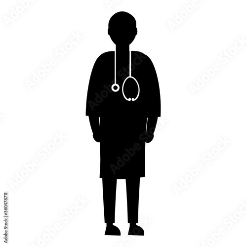 Flat vector character silhouette of a doctor with a stethoscope. The profession of a doctor. Isolate on a white