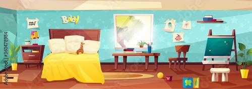 Kids room cute cozy interior with furniture, bed, plant in a spot, sunlight from window and toys for kids. Nursery for kids, little children. Flat style design.	