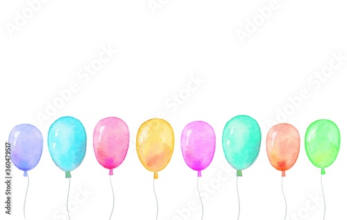 Watercolor banner with helium balloons on white background. Watercolor flying balloons illustration set.
