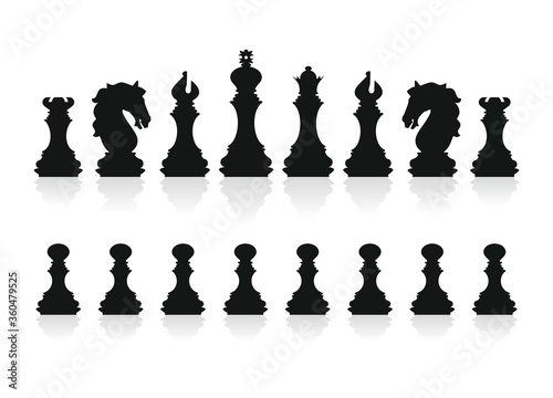Silhouettes of chess pieces. Chessboard. Black and white. Chess icons. Vector chess isolated on white background. Playing chess on the Board. King, Queen, rook, knight, Bishop, pawn