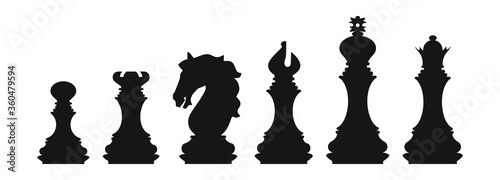 Silhouettes of chess pieces. Chessboard. Black and white. Chess icons. Vector chess isolated on white background. Playing chess on the Board. King, Queen, rook, knight, Bishop, pawn