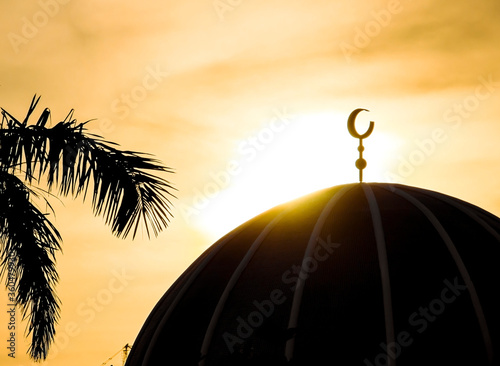 Muslim temple with palm leaf at sunset