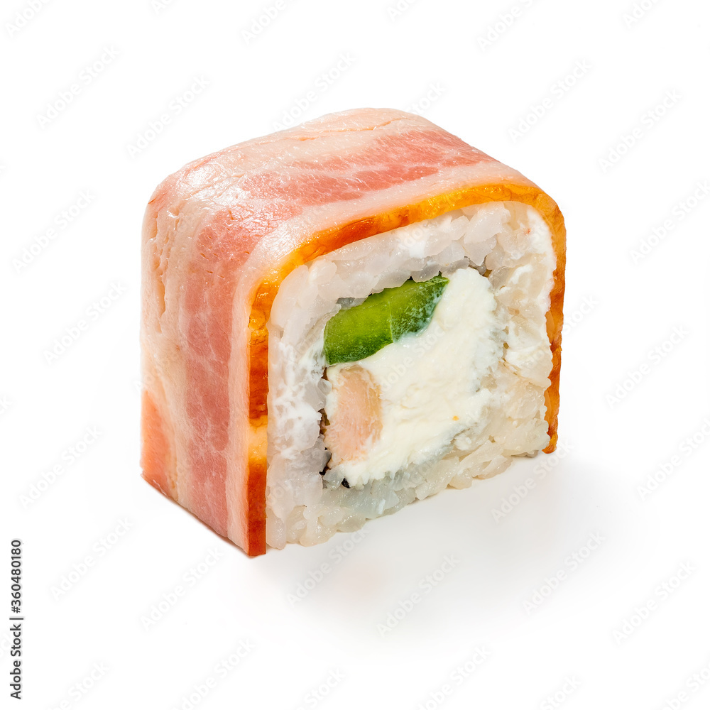 Japanese cuisine. Seafood, vegetables and meat. Sushi roll isolated on a white background. Ready for use. Taste of fresh food