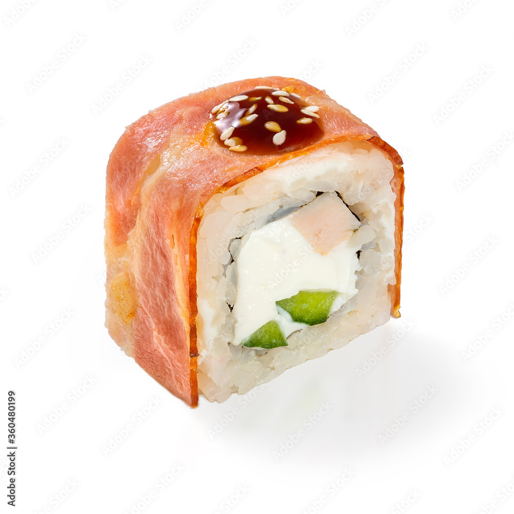 Japanese cuisine. Seafood, vegetables and meat. Sushi roll isolated on a white background. Ready for use. Taste of fresh food