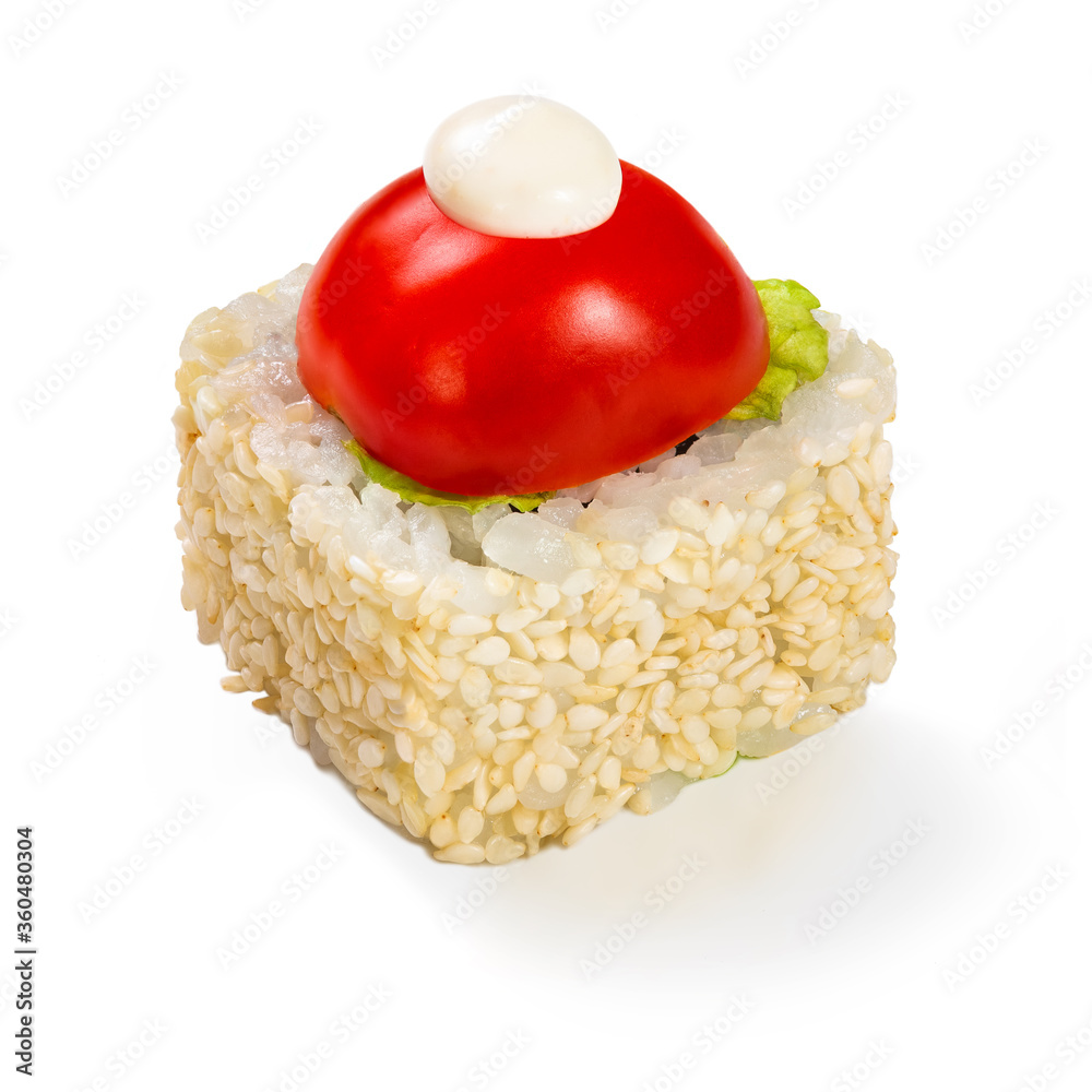 Japanese cuisine. Seafood, vegetables and meat. Sushi roll isolated on a white background. Ready for use. Taste of fresh food
