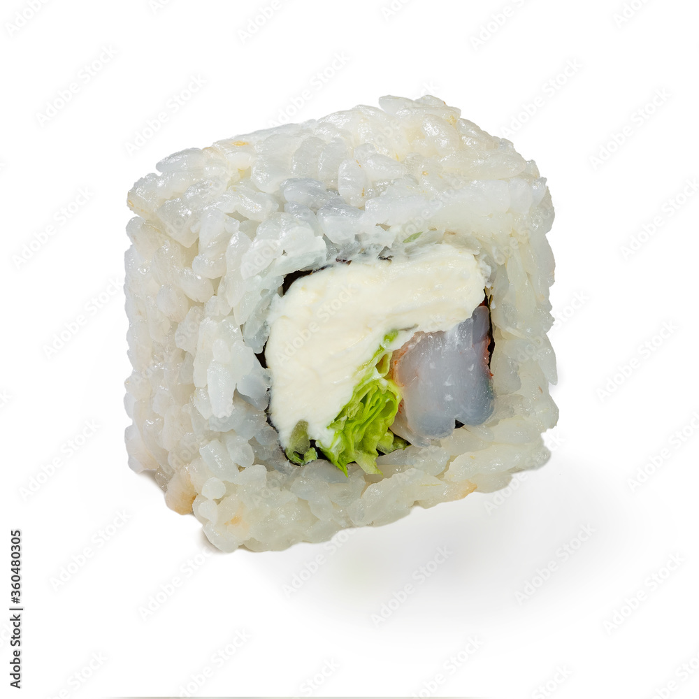 Japanese cuisine. Seafood, vegetables and meat. Sushi roll isolated on a white background. Ready for use. Taste of fresh food