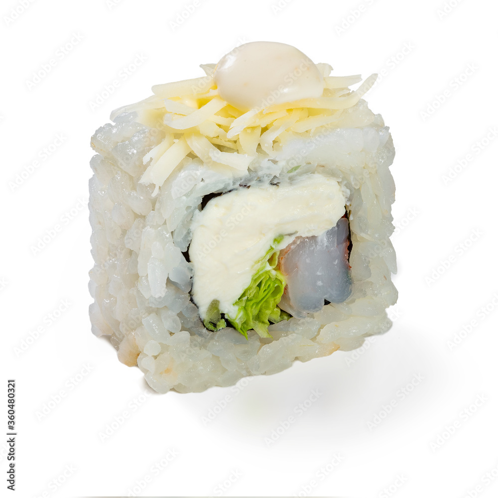 Japanese cuisine. Seafood, vegetables and meat. Sushi roll isolated on a white background. Ready for use. Taste of fresh food