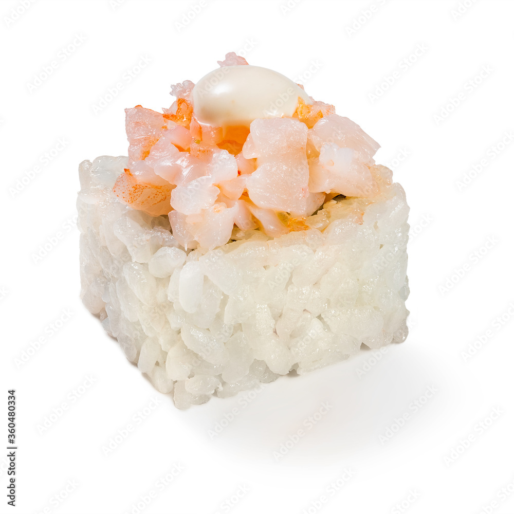 Japanese cuisine. Seafood, vegetables and meat. Sushi roll isolated on a white background. Ready for use. Taste of fresh food