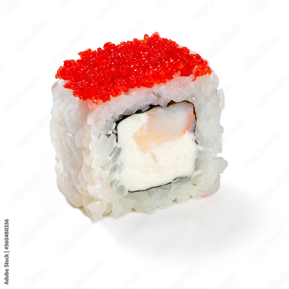 Japanese cuisine. Seafood, vegetables and meat. Sushi roll isolated on a white background. Ready for use. Taste of fresh food