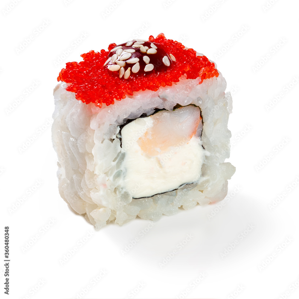 Japanese cuisine. Seafood, vegetables and meat. Sushi roll isolated on a white background. Ready for use. Taste of fresh food