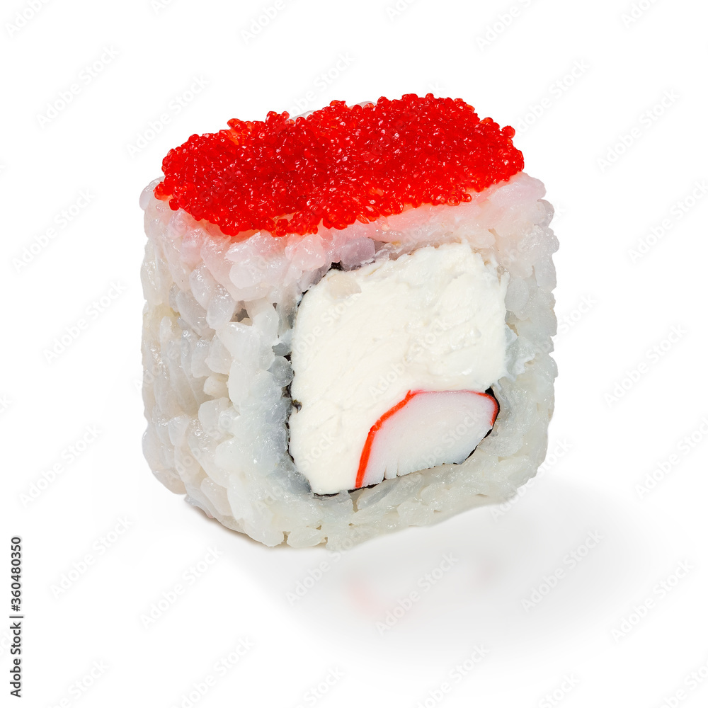 Japanese cuisine. Seafood, vegetables and meat. Sushi roll isolated on a white background. Ready for use. Taste of fresh food