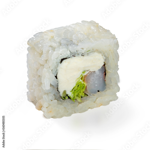 Obraz na płótnie Japanese cuisine. Seafood, vegetables and meat. Sushi roll isolated on a white background. Ready for use. Taste of fresh food w salonie