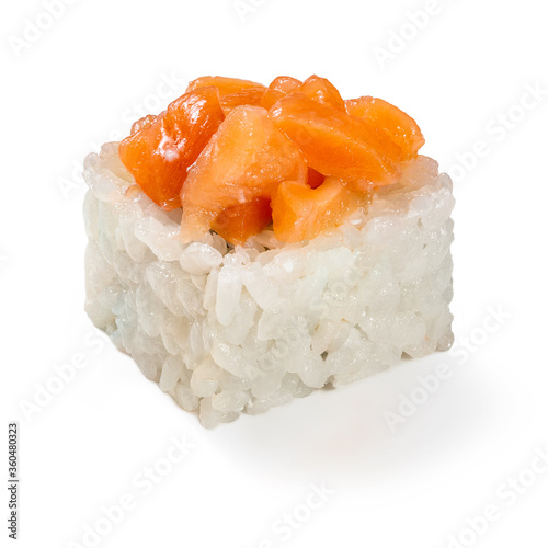 Japanese cuisine. Seafood, vegetables and meat. Sushi roll isolated on a white background. Ready for use. Taste of fresh food