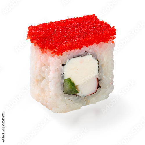 Japanese cuisine. Seafood, vegetables and meat. Sushi roll isolated on a white background. Ready for use. Taste of fresh food