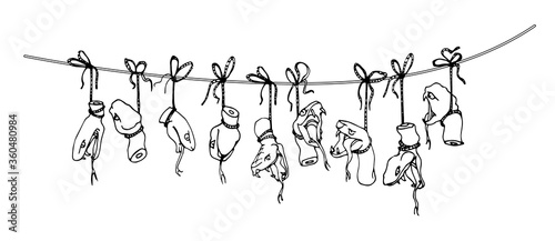 severed heads of poisonous snakes on the ropes, ingredient for antidote, potion & black magic ritual, vector illustration with contour lines isolated on a white background in hand drawn & doodle style