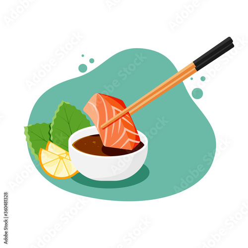 sliced ​​fresh salmon dipped in sauce with chopsticks. There are leaves and lime beside it. green and white background.
