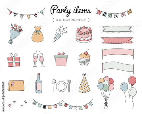 パーティーグッズの手書きのイラストのセット／誕生日／記念日／イベント