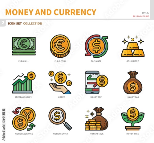 money and currency icon set,filled outline style,vector and illustration