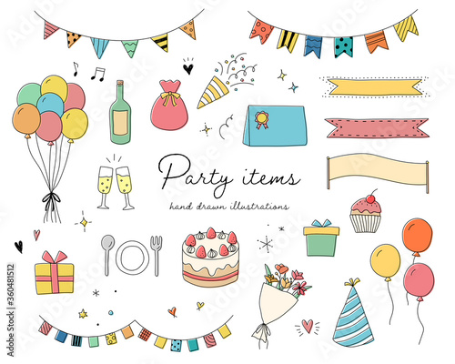 パーティーグッズの手書きのイラストのセット／誕生日／記念日／イベント