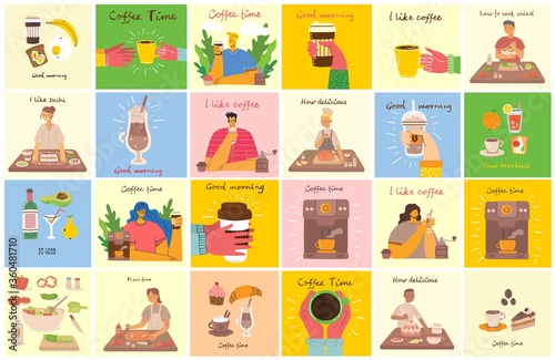Smiling people friend drinking coffee and talking. Coffee time, break and relaxation vector concept cards. Vector illustration in flat design style