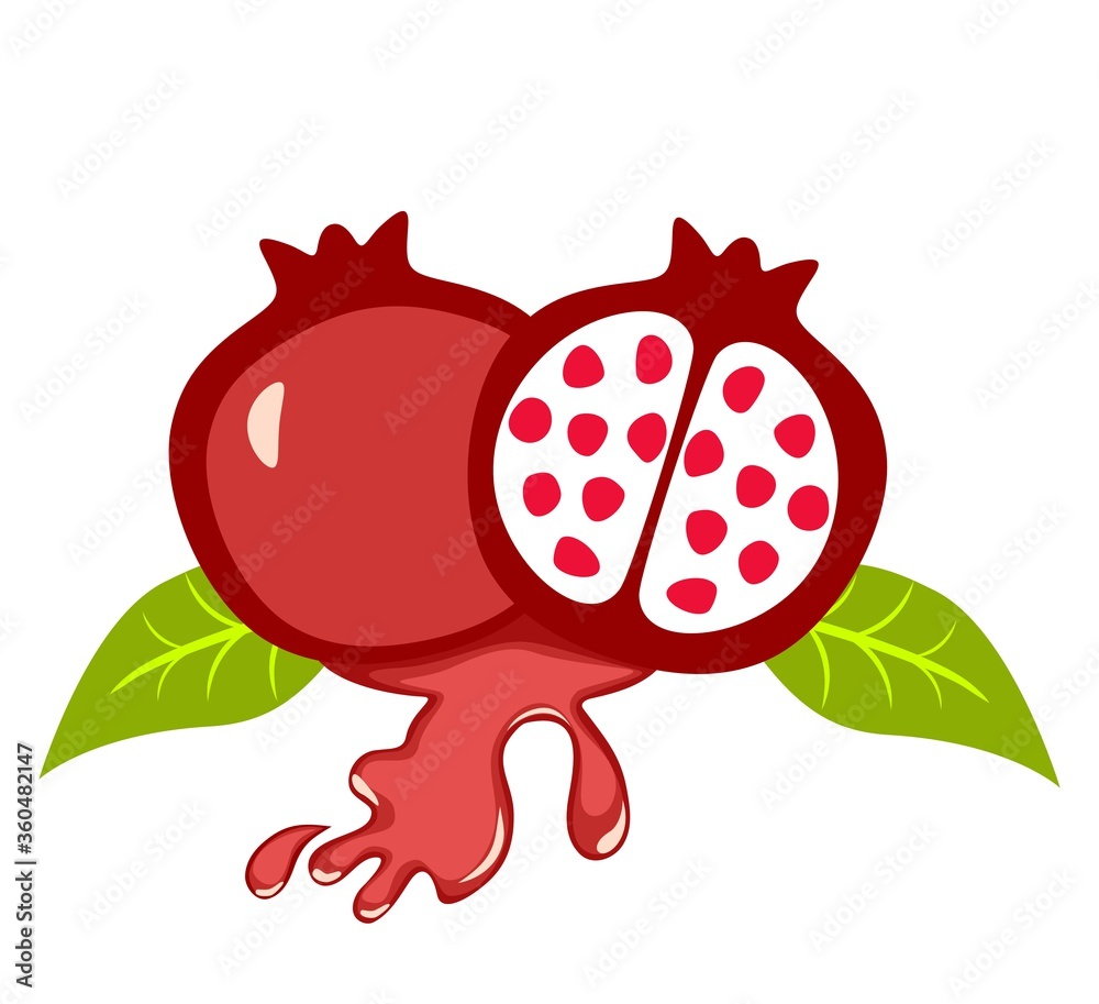 Fototapeta premium Fruit of Punica granatum (pomegranate) split open to reveal the clusters of juicy seeds and its juice