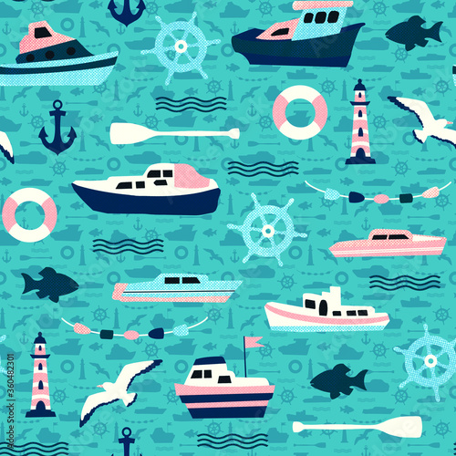 Seamless marine pattern with boats, seagulls, lighthouse and fish