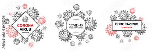 Set of coronavirus designs with hand drawn elements. Microscope virus close up. Vector illustration in sketch style. COVID-2019