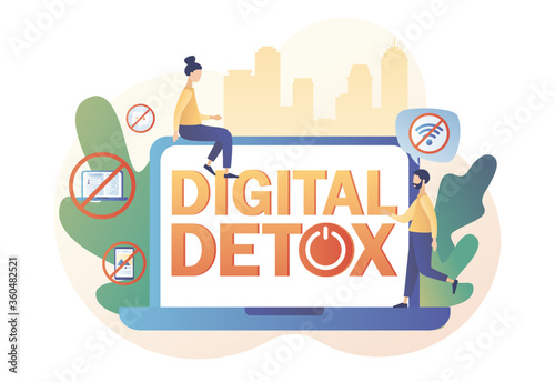 Digital detox. Big text and Power button on laptop. Freedom from internet, smartphones and social media. Tiny people relax in nature. Modern flat cartoon style. Vector illustration on white background