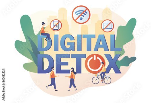 Digital detox. Tiny people relax in nature. Offline life. Freedom from internet, smartphones and social media. Power button. Modern flat cartoon style. Vector illustration on white background