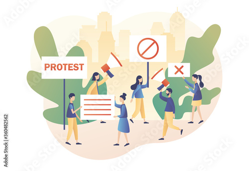 Protest and social activity concept. Tiny people protesters, holding banners, placards and megaphones. Parade, political meeting or rally. Modern flat cartoon style. Vector illustration 