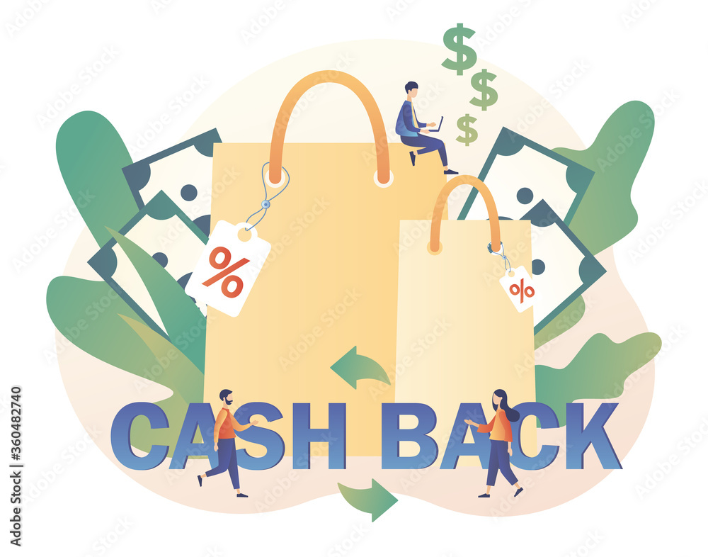 Fototapeta premium Cash back concept. Reward program, transfer money, online banking, online shopping, money growth. Tiny people refund money. Modern flat cartoon style. Vector illustration on white background