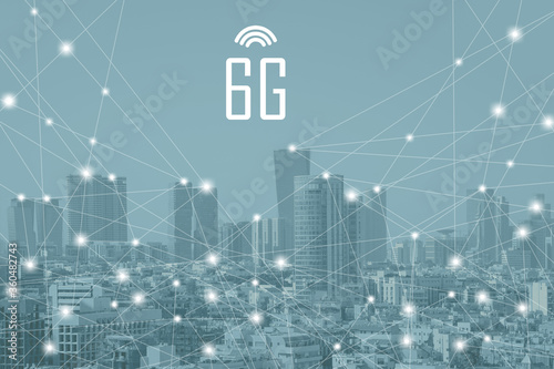 6G technology. Conceptual abstraction. Modern city and communication 6g network, smart city. Blu tone city scape and network connection concept.