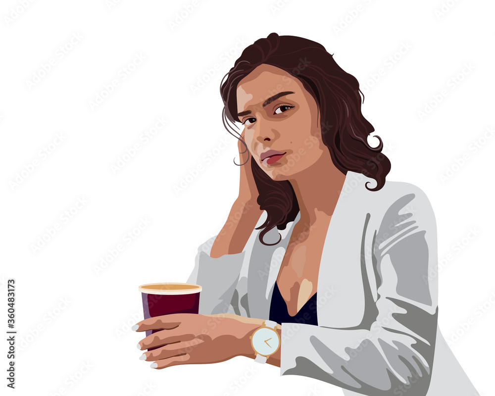 Brunette business woman in white jacket and blue blouse with a watch holding a cup of coffee with a serious face expression Brunette business woman in white jacket and blue blouse with a watch holding a cup of coffee with a serious face expression
