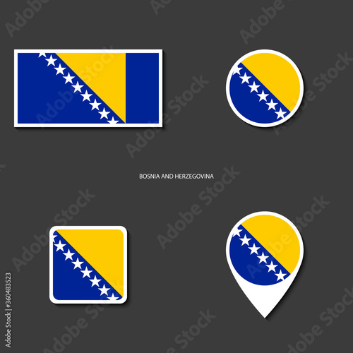 Bosnia and Herzegovina flag icon set in different shape (rectangle, circle, square and marker icon) on dark grey background. Bosnia and Herzegovina sticker flag collection on barely dark background.