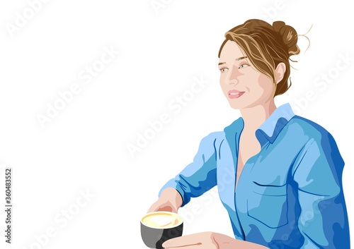 Joyful woman in blue shirt enjoying a cup of coffee