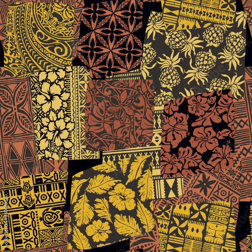 Hawaiian style fabric patchwork abstract tropical vector seamless pattern wallpaper