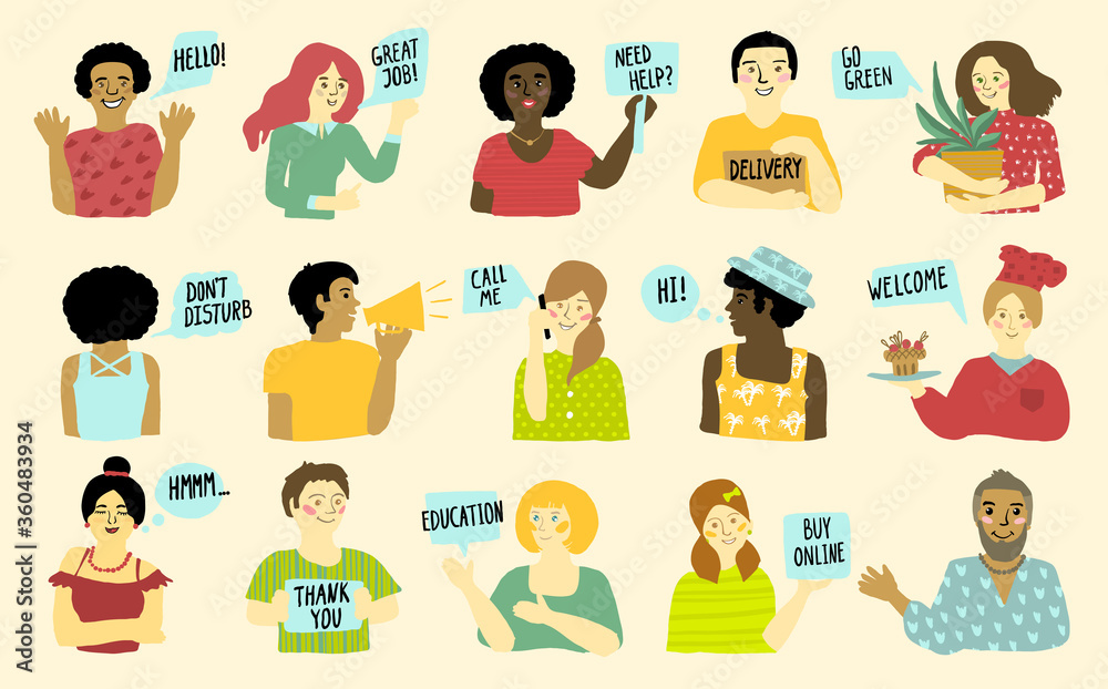 Group of joyful multiethnic people, flat vector illustration with collection of mens and womens with speech bubbles Group of joyful multiethnic people, flat vector illustration with collection of mens and womens with speech bubbles