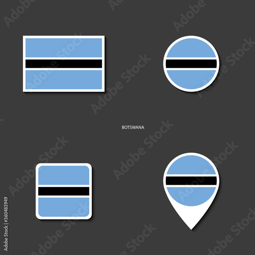 Botswana flag icon set in different shape (rectangle, circle, square and marker icon) on dark grey background. Botswana sticker flag collection on barely dark background.