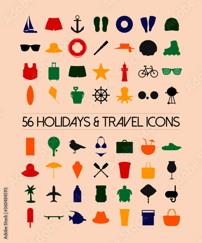 Holidays and travel icon set with 56 modern illustrations in flat design
