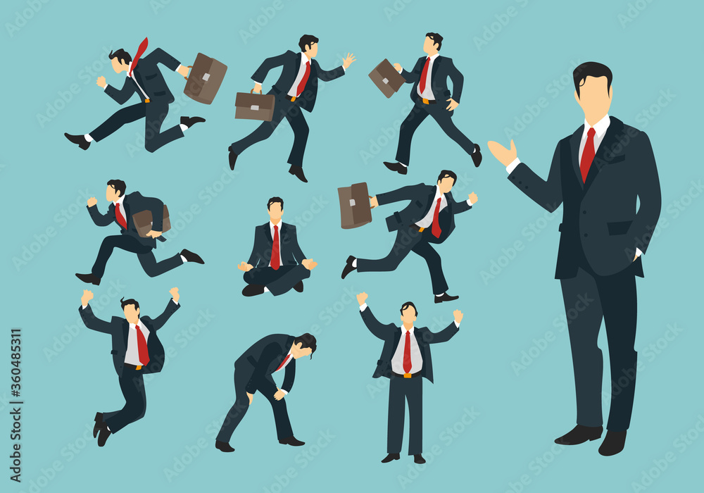 Businessman set in office suit, tie and briefcase in various actions like running, nervous, euphoric, tired, jumping, exhausted, nervous, friendly, desperate, winning, calm, relax and helpful. 