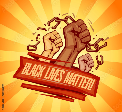 Black lives matter vector poster with fists tearing chains on a rays background